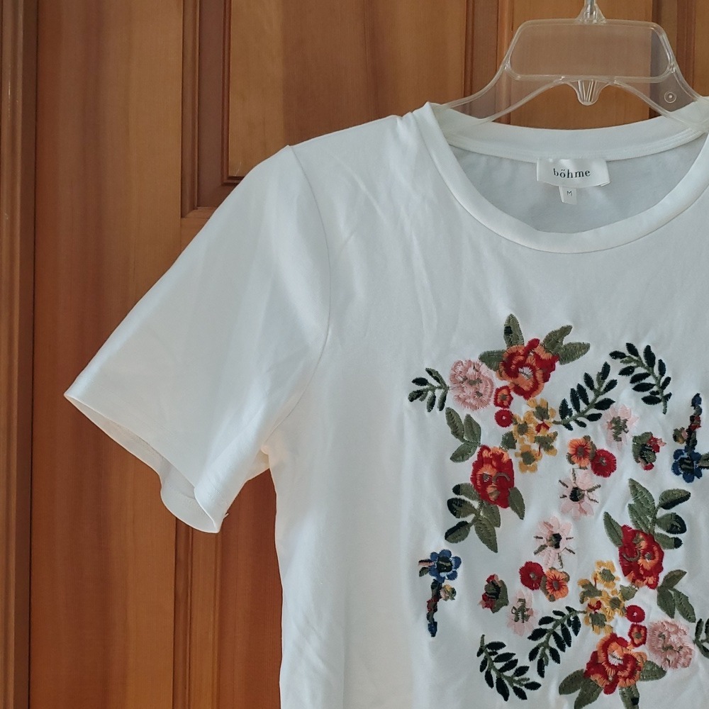 Böhme Womans White‎ Short Sleeve Embroidered Flowers Shirt Size Medium - Picture 7 of 8
